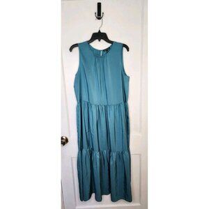 EILEEN FISHER ROUND NECK TIERED DRESS 100% SILK SATIN RIVER BLUE NWT Size Large